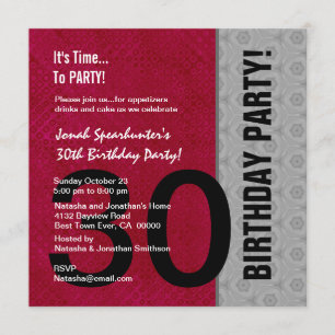 30th Birthday Modern Red Silver Black W1480 Invitation