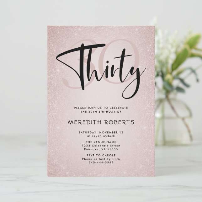  30th Birthday Modern Script Rose Gold Party Invitation (Standing Front)