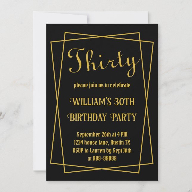 30th Birthday Modern Simple Black and Gold Minimal Invitation (Front)