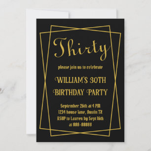 30th Birthday Modern Simple Black and Gold Minimal Invitation