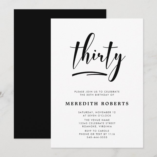  30th Birthday Modern Simple Elegant Party Invitation (Front/Back)