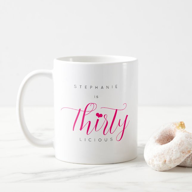 30th Birthday Modern Thirtylicious Pink Text  Coffee Mug (With Donut)