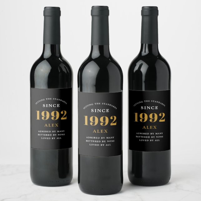 30th Birthday Name 1992 Black Gold Elegant Chic Wine Label (Bottles)