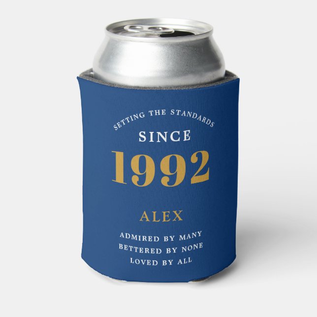 30th Birthday Name 1992 Blue Gold Elegant Chic Can Cooler (Can Back)