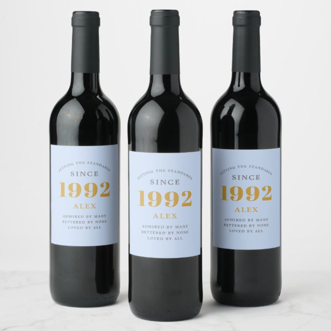 30th Birthday Name 1992 Blue Grey Elegant Chic Wine Label (Bottles)