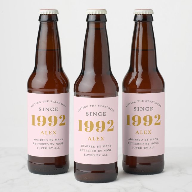 30th Birthday Name 1992 Pink Grey Elegant Chic Beer Bottle Label (Bottles)