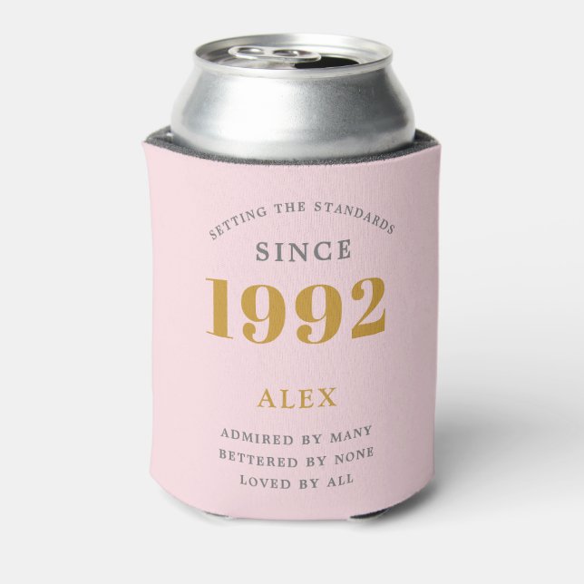 30th Birthday Name 1992 Pink Grey Elegant Chic Can Cooler (Can Back)