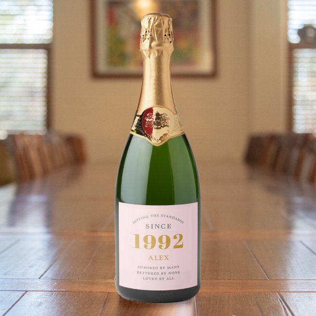 30th Birthday Name 1992 Pink Grey Elegant Chic Sparkling Wine Label (Creator Uploaded)
