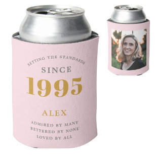 30th Birthday Name 1995 Chic Pink Grey Photo Can Cooler