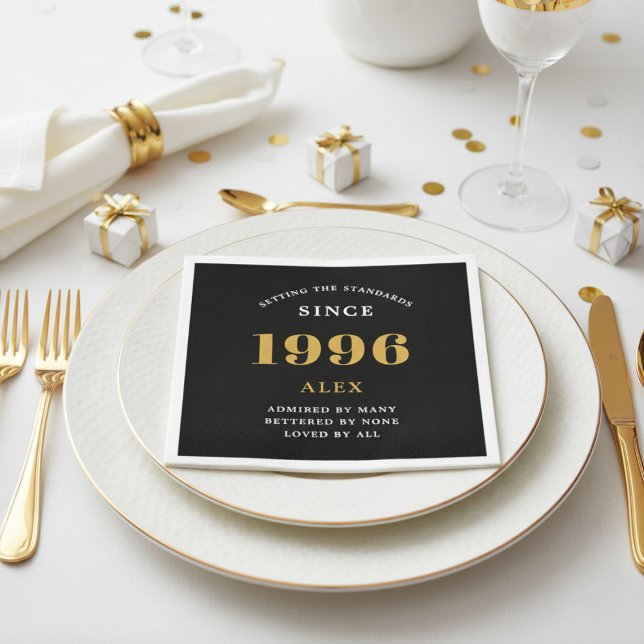 30th Birthday Name 1996 Black Gold Elegant Chic Napkin (1996 paper napkin on a plate.)