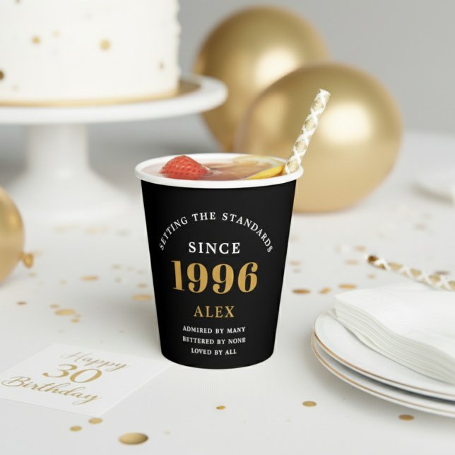 30th Birthday Name 1996 Black Gold Elegant Chic Paper Cups (1996 paper cup on a table with white and gold decoration.)