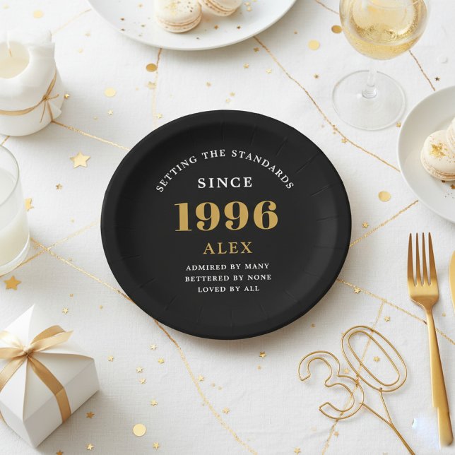 30th Birthday Name 1996 Black Gold Elegant Chic Paper Plate (1996 Black birthday paper plate. White and gold background.)