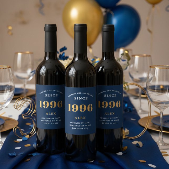 30th Birthday Name 1996 Blue Gold Elegant Chic Wine Label (Blue and gold 30th birthday wine bottle labels on 3 red wine bottles.)