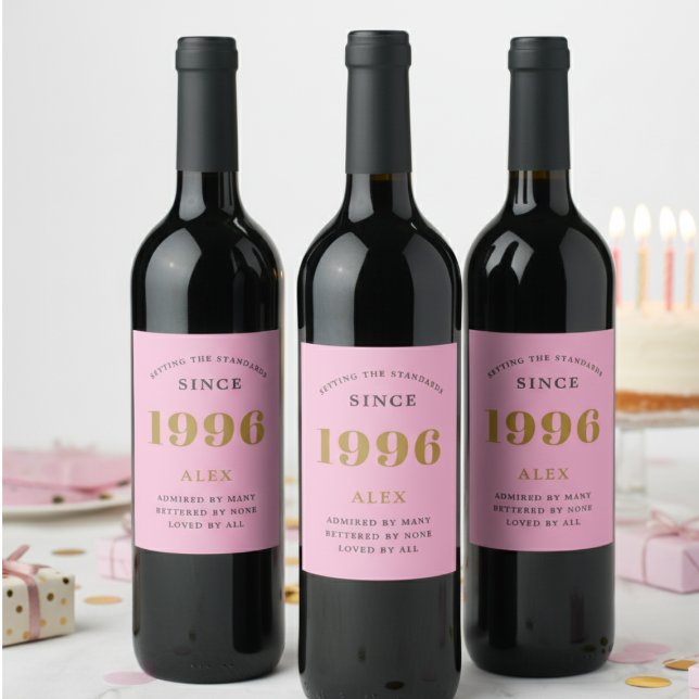 30th Birthday Name 1996 Pink Gold Elegant Chic Wine Label (1996 personalized wine bottle labels on red wine bottles.)