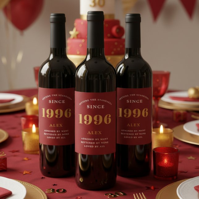 30th Birthday Name 1996 Red Gold Elegant Chic Wine Label (Red 30th birthday wine bottle labels on dark wine bottles.)