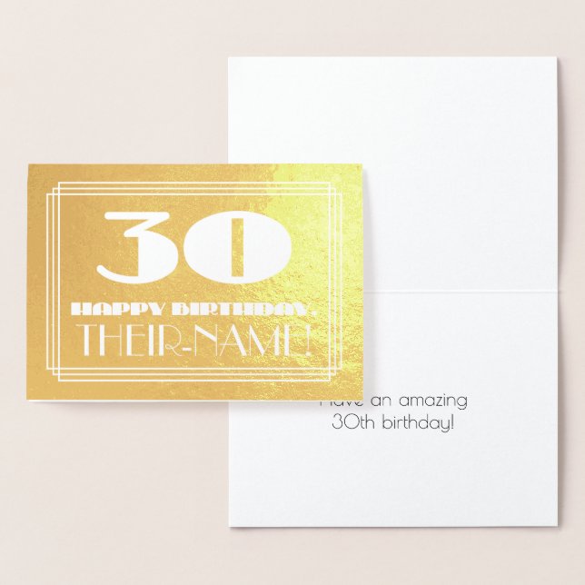 30th Birthday: Name + Art Deco Inspired Look "30" Foil Card (Display)