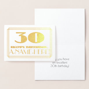 30th Birthday; Name + Art Deco Inspired Look "30" Foil Card