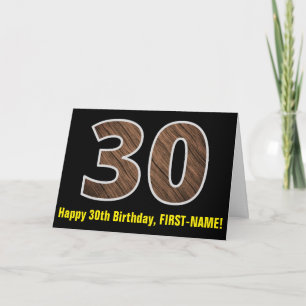 30th Birthday: Name + Faux Wood Grain Pattern "30" Card