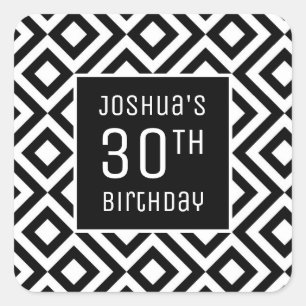 30th Birthday Name Modern Black White Geometric Square Sticker