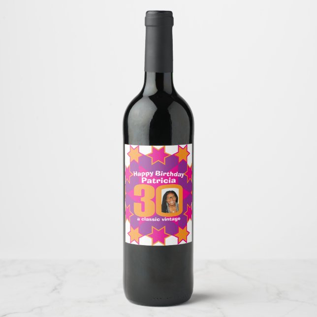 30th birthday name pink photo custom wine labels (Front)