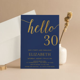 30th Birthday Navy and Gold Hello 30 Invitation