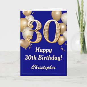 30th Birthday Navy Blue and Gold Balloons Confetti Card