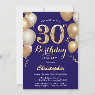 30th Birthday Navy Blue and Gold Balloons Confetti Invitation