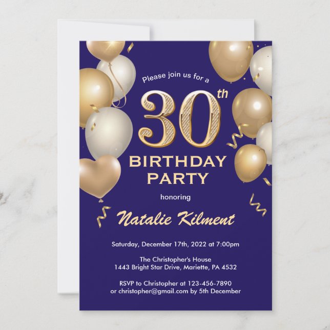 30th Birthday Navy Blue and Gold Glitter Balloons Invitation (Front)