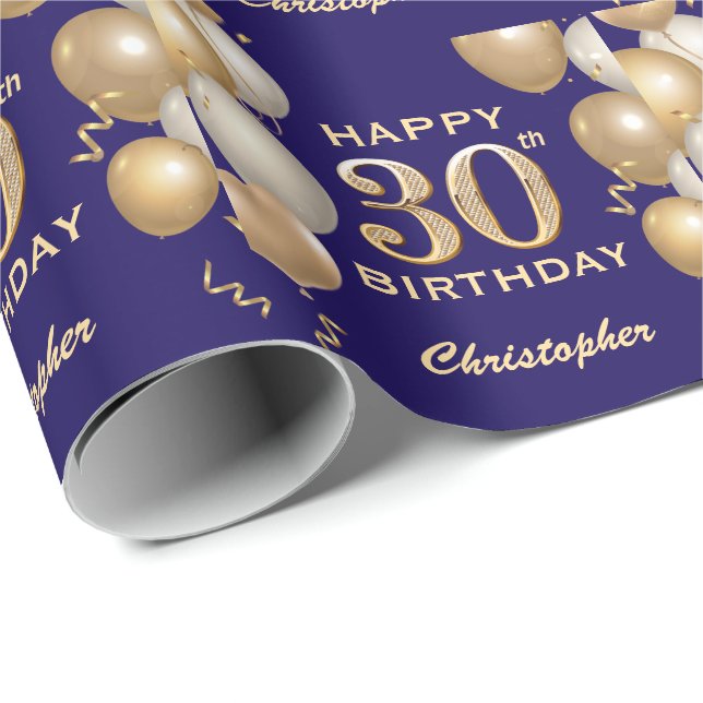 30th Birthday Navy Blue and Gold Glitter Balloons Wrapping Paper (Roll Corner)