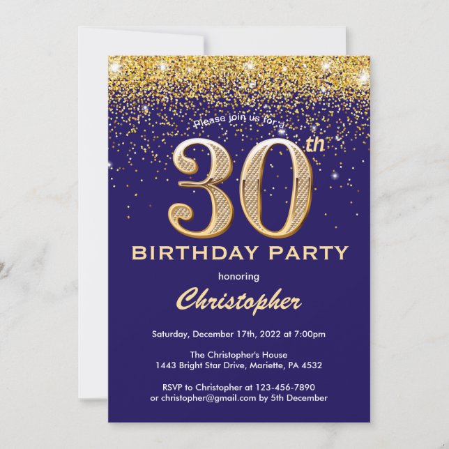30th Birthday Navy Blue and Gold Glitter Confetti Invitation (Front)