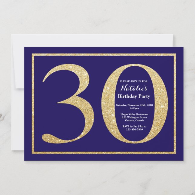 30th Birthday Navy Blue and Gold Glitter Invitation (Front)