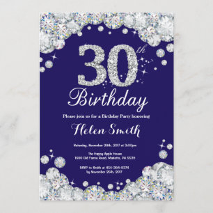 30th Birthday Navy Blue and Silver Diamond Invitation