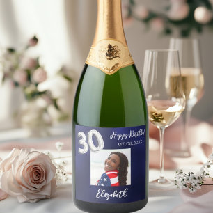 30th Birthday navy blue photo Sparkling Wine Label