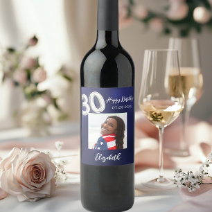 30th Birthday navy blue photo Wine Label