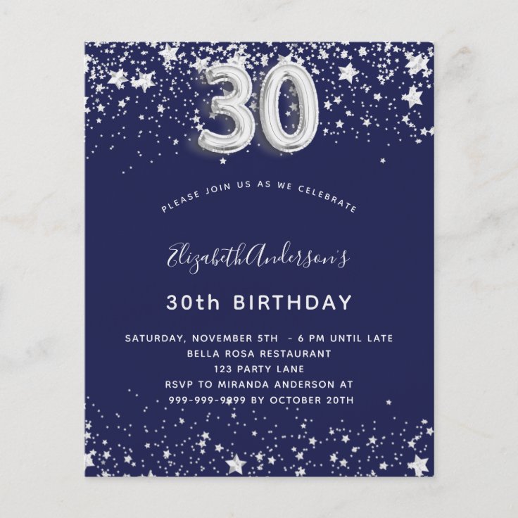 30th birthday navy blue silver budget invitation flyer | Zazzle