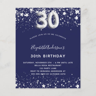 30th birthday navy blue silver budget invitation flyer