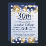 30th Birthday Navy Gold Balloons Party Invitation<br><div class="desc">A stylish 30th birthday Party Invitation . Design features navy blue and gold balloons, Gold glittery stars and navy blue text all on a pale blue gradient background. A lovely design inviting your guests to join you for a 30th birthday party celebration. Easy to customise with your own party details....</div>
