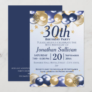30th Birthday Navy Gold Balloons Party Invitation