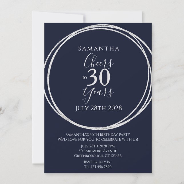 30th Birthday Navy Silver Cheers to 30 Years Party Invitation (Front)
