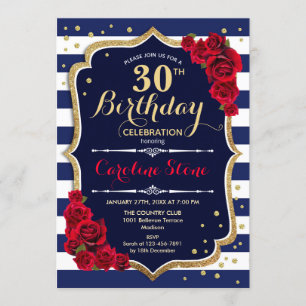 30th Birthday - Navy White Stripes and Red Roses Invitation