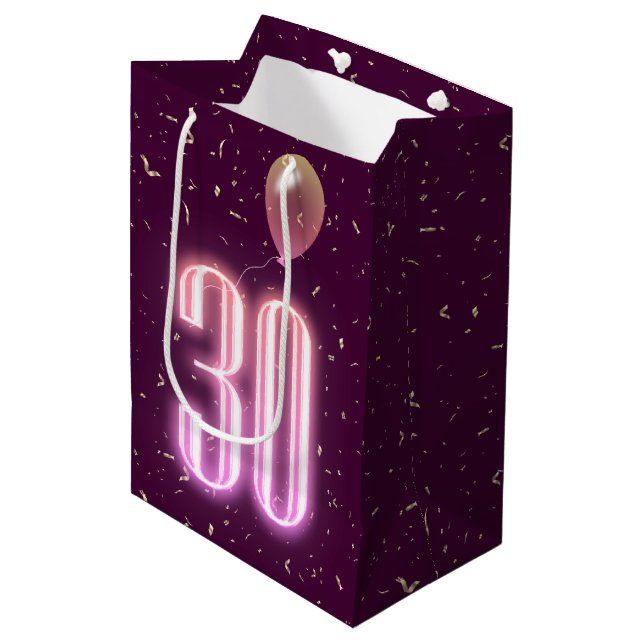 30th Birthday Neon Sign and Confetti Medium Gift Bag (Front Angled)