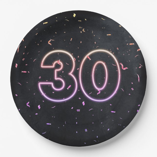 30th Birthday Neon Sign On Black Paper Plate (Front)