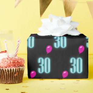30th Birthday Neon Sign with Balloon   Wrapping Paper