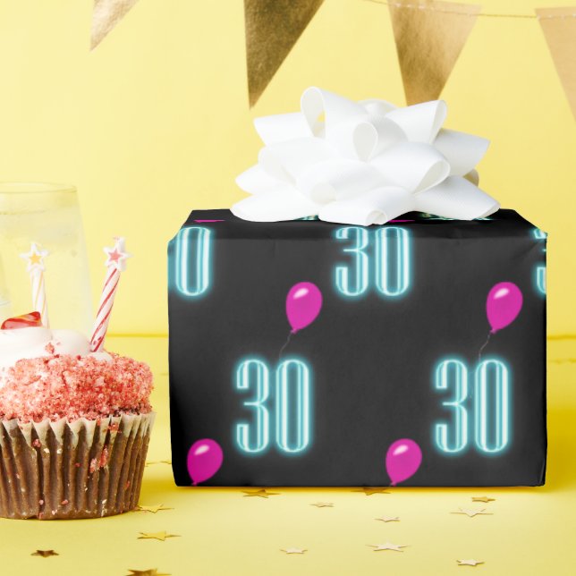 30th Birthday Neon Sign with Balloon   Wrapping Paper (Birthday Party)