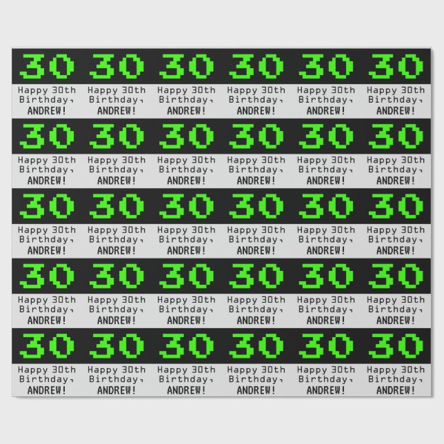 30th Birthday - Nerdy / Geeky Style "30" and Name Wrapping Paper (Flat)
