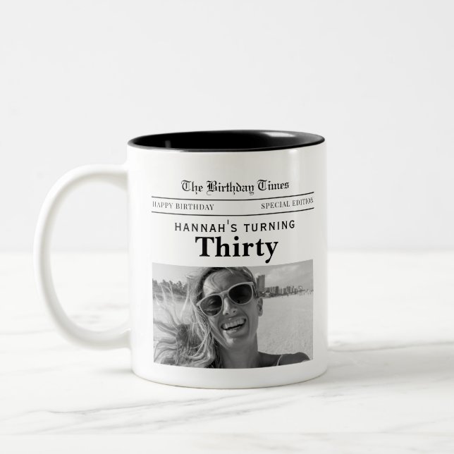 30th Birthday Newspaper Two-Tone Coffee Mug (Left)