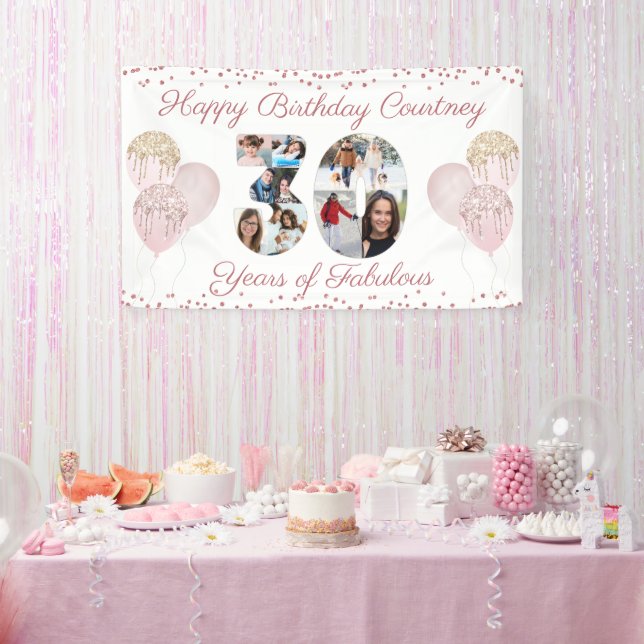 30th Birthday Number 30 Cutout 8 Photos Rose Gold Banner (Party)