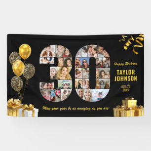 30th Birthday Number 30 Photo Collage Black Gold Banner