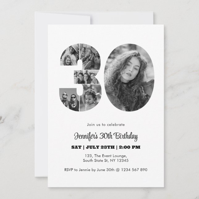 30th Birthday Number 30 Photo Collage Black White Invitation (Front)