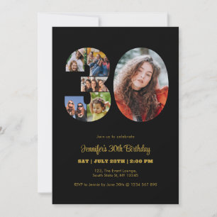 30th Birthday Number 30 Photo Collage Modern Black Invitation